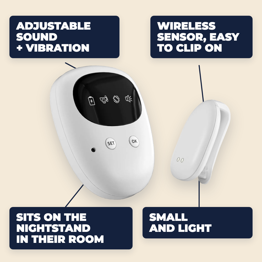 The alarm and the sensor up close. Adjustable sound + vibration. Wireless sensor, easy to clip on. Sits on the nightstand in their room. Small and light.