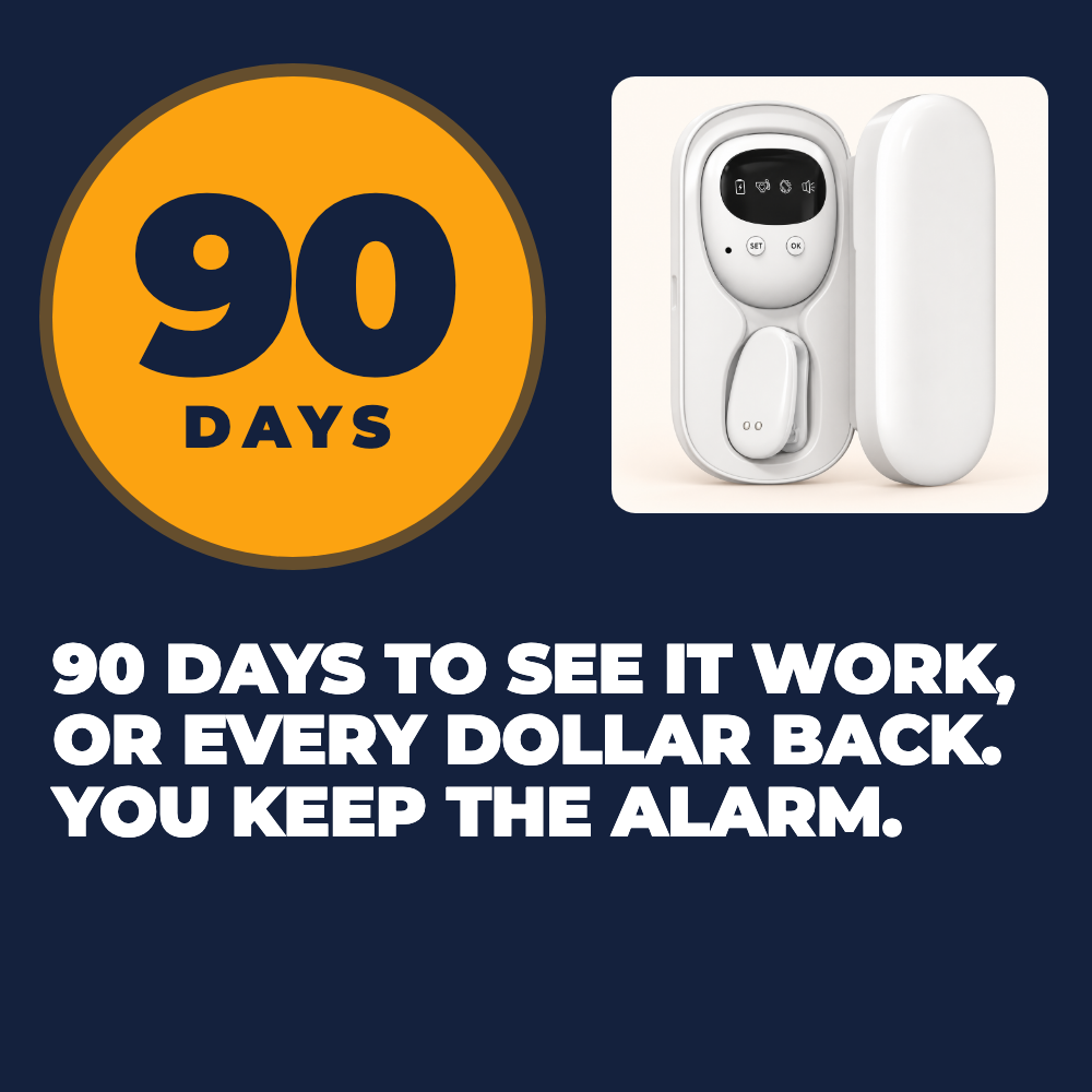 A big 90 days badge next to the alarm in its case. 90 days to see it work, or every dollar back. You keep the alarm.