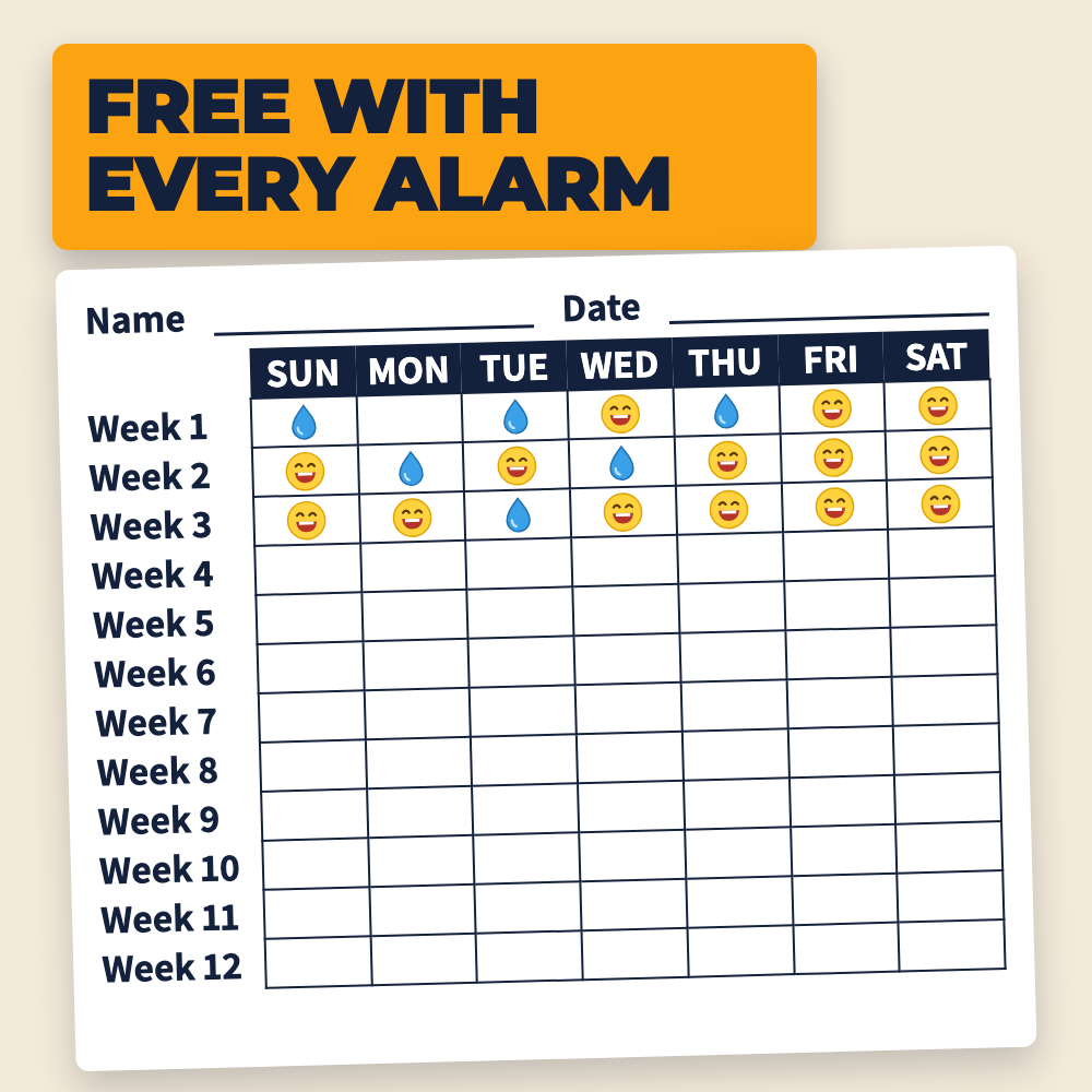 A 12-week reward chart with a smiley sticker for each dry night. Free with every alarm.