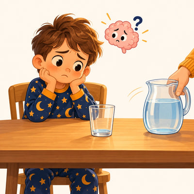 Cartoon: a child in pyjamas with a nearly empty glass as the water jug is moved away