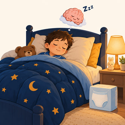 Cartoon: a child asleep under a duvet with a pack of pull-ups by the bed
