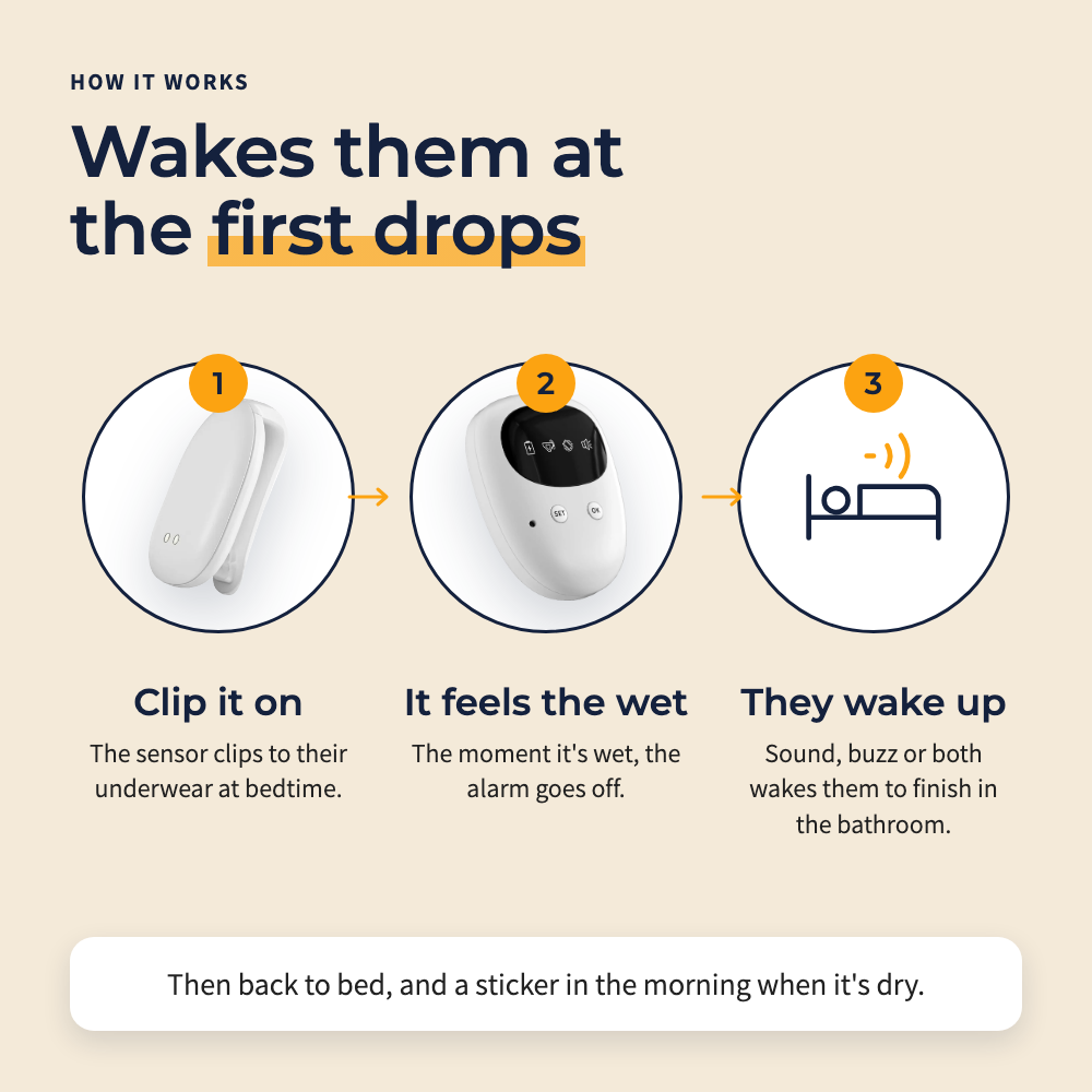 A smiling boy in striped pajamas lying on his bed, with the alarm and sensor beside him. Teach them to wake up dry.