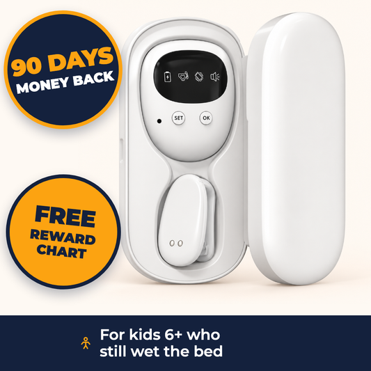 The Kilvon alarm and its clip-on sensor in their white charging case. 90 days money back. Free reward chart. For kids 6+ who still wet the bed.