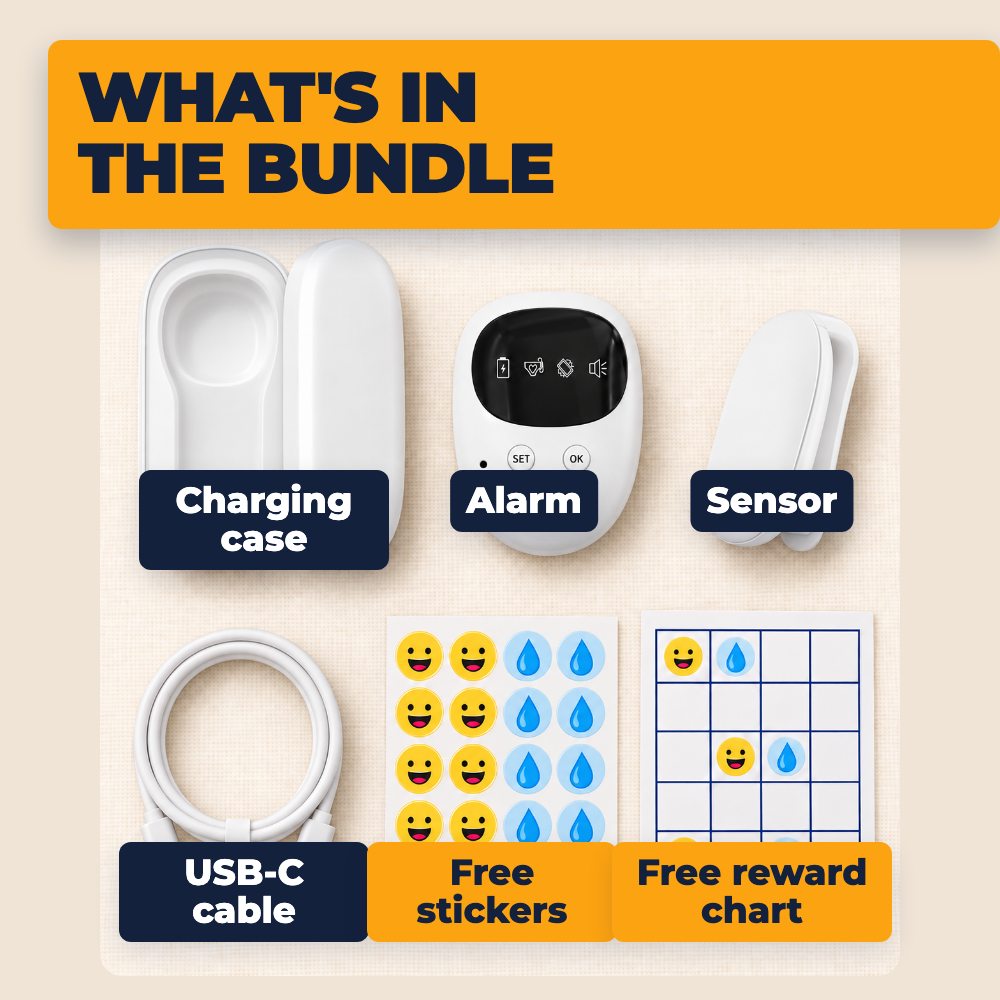 What's in the bundle, laid out and labelled: charging case, alarm, sensor, USB-C cable, free stickers and free reward chart.