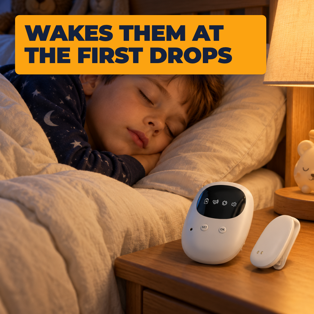 A boy asleep in bed, with the alarm and sensor on his nightstand. Wakes them at the first drops.