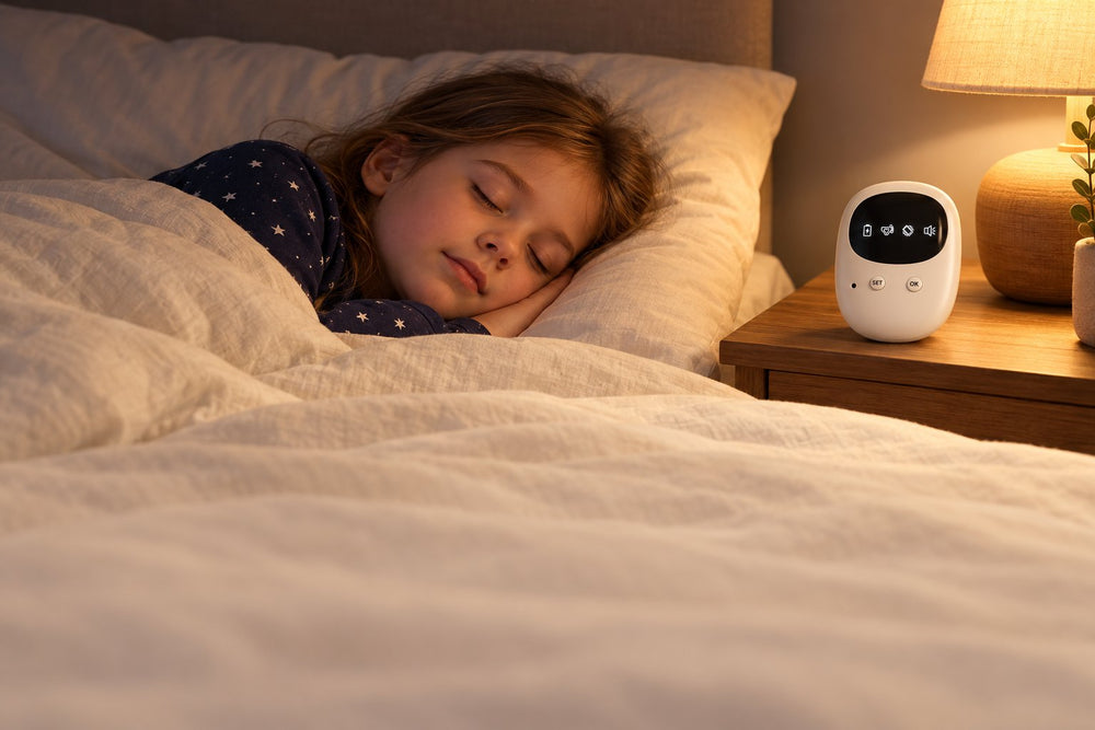 A child asleep in bed, the Kilvon alarm on the nightstand