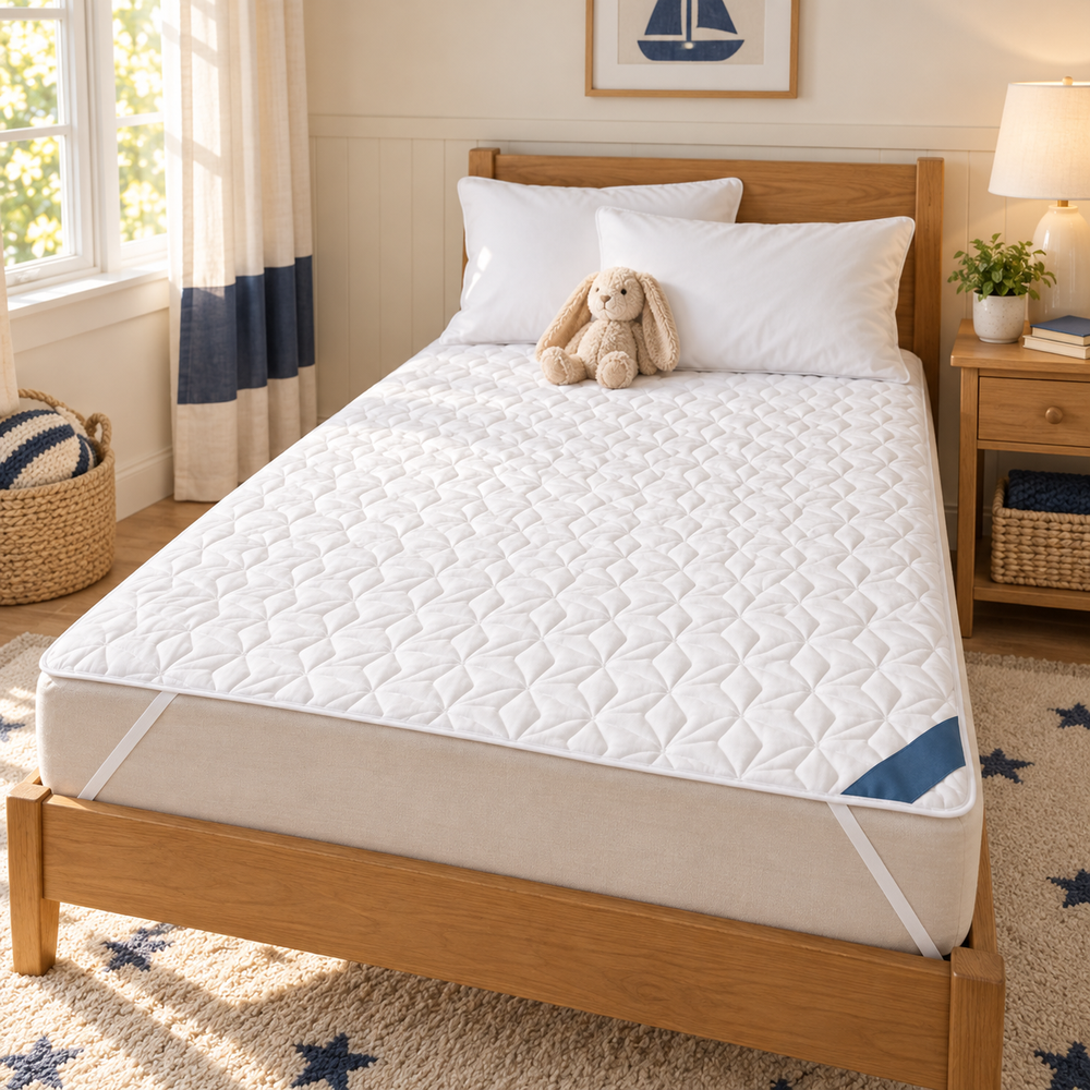 White quilted waterproof bed pad on a twin bed, held by elastic straps at the corners