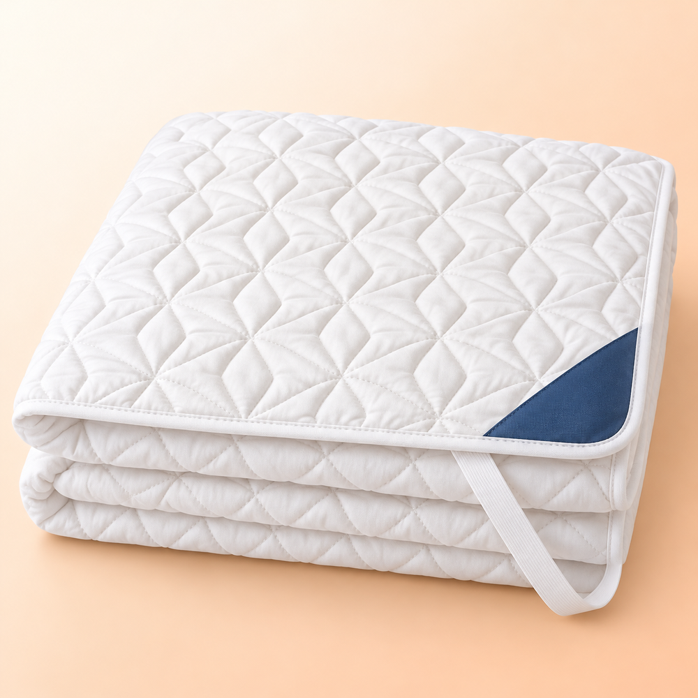 White quilted waterproof bed pad, folded, with an elastic corner strap