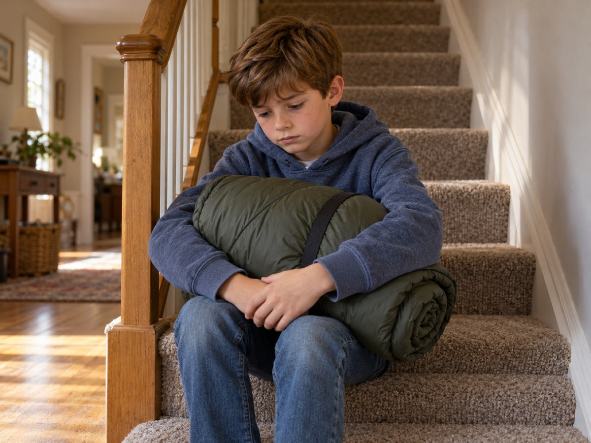A boy sitting alone on the stairs holding his sleeping bag