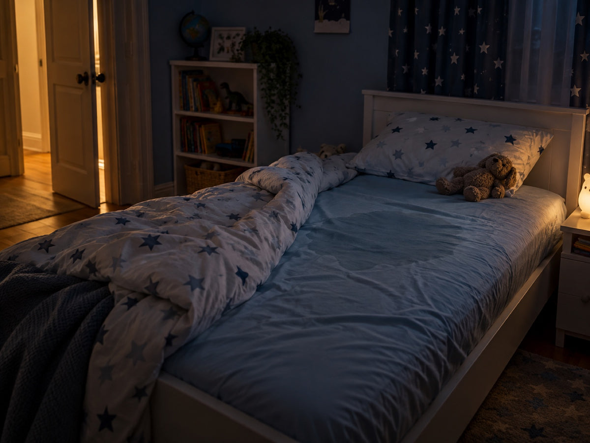 A child's empty bed at night with the duvet thrown back and a wet patch on the sheet