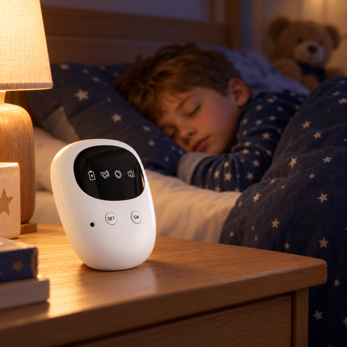 A child asleep in star pyjamas, the Kilvon alarm on the nightstand beside the bed