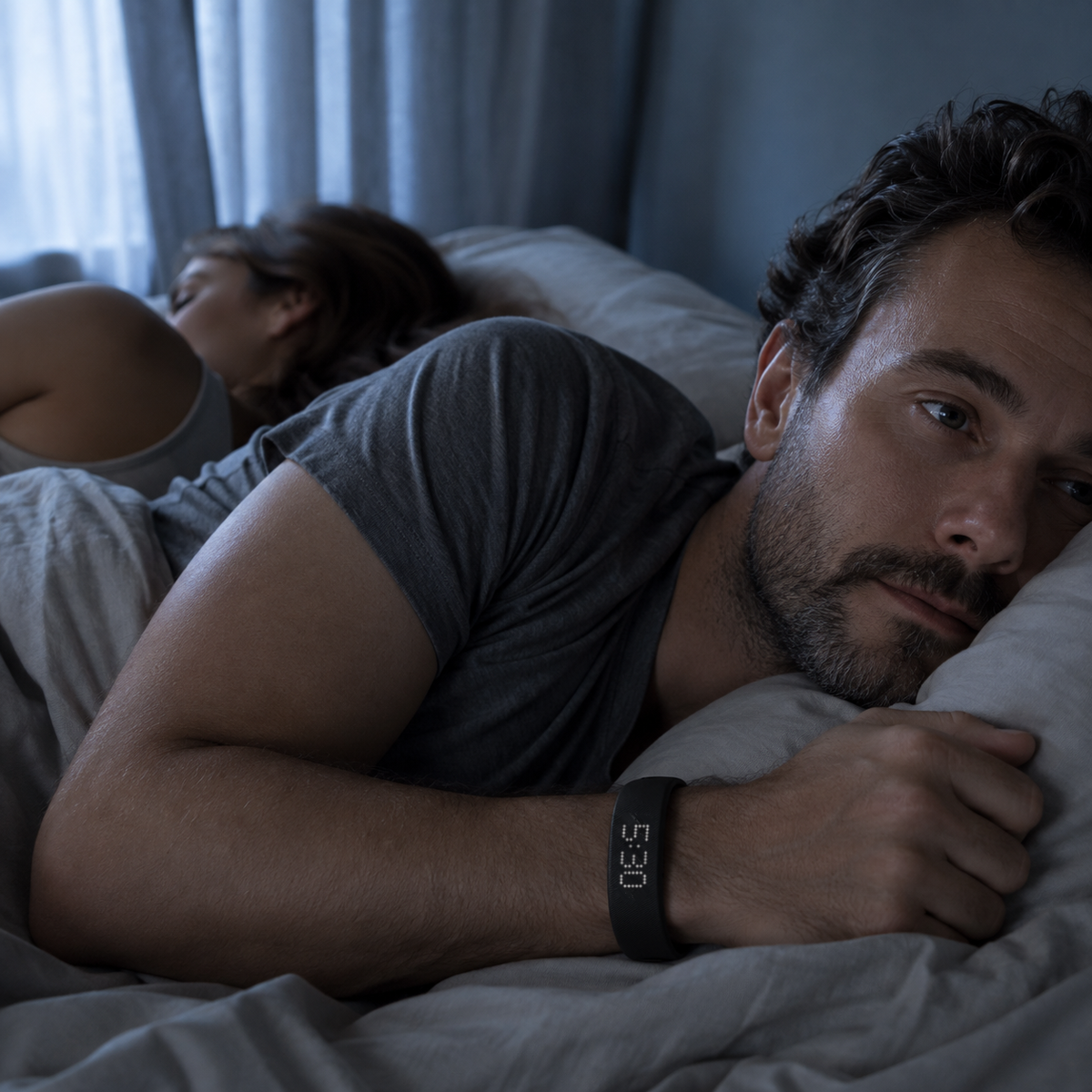 Man wearing the Kilvon band lying awake in bed at night while his partner sleeps beside him