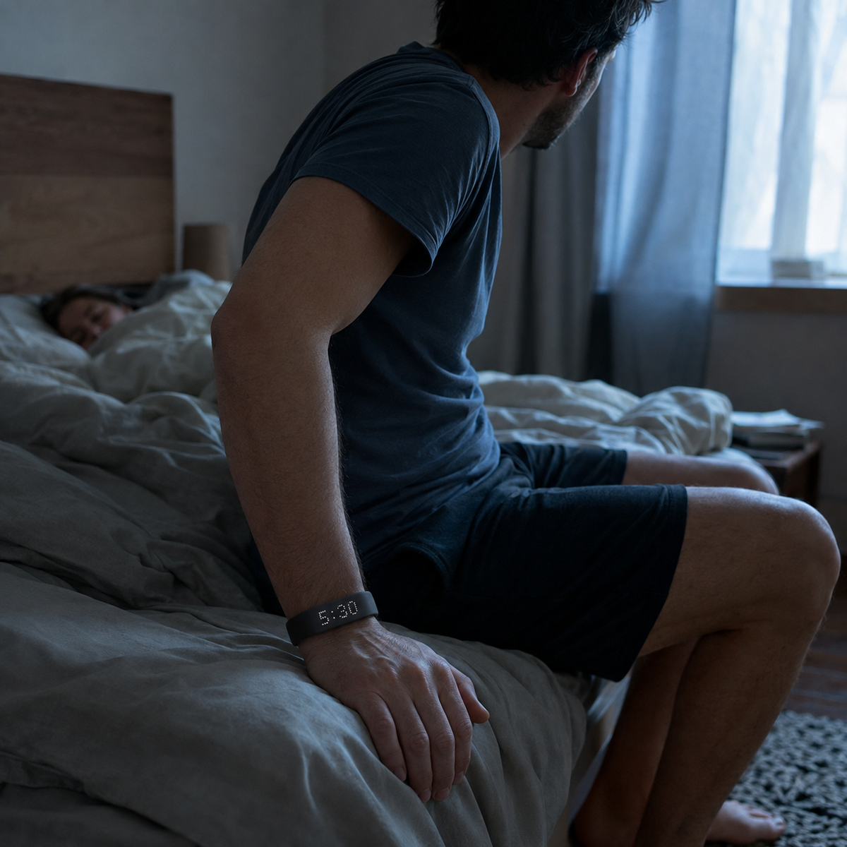 Man getting up quietly at dawn wearing the Kilvon band while his partner stays asleep